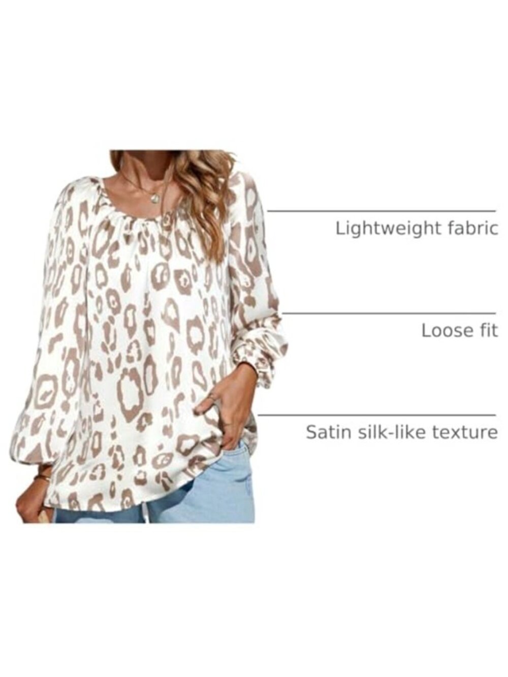Women's Leopard Print Satin Blouse V Neck Long Sleeve Boho Dressy Casual Top - Picture 4 of 6